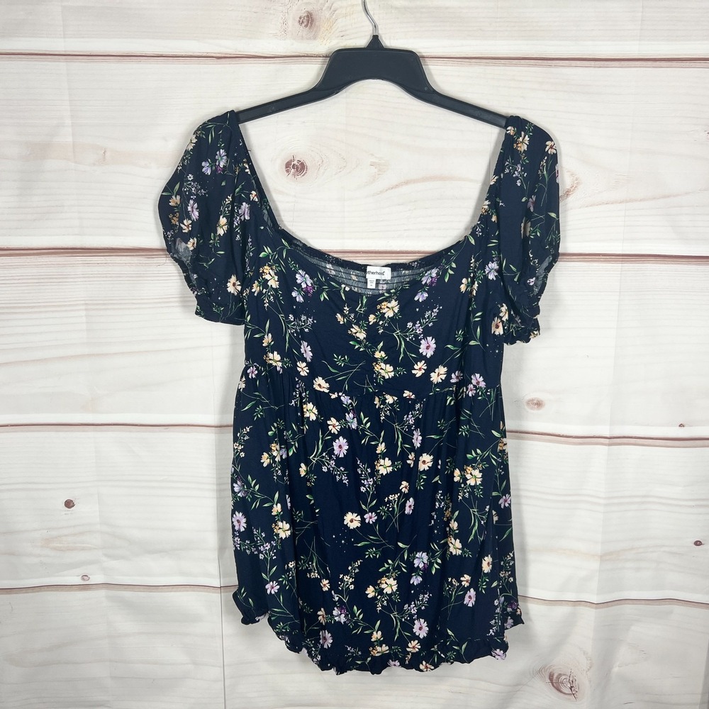 Motherhood Top Womens XL Blue Floral Blouse Cap Sleeve Smocked Back Pullover